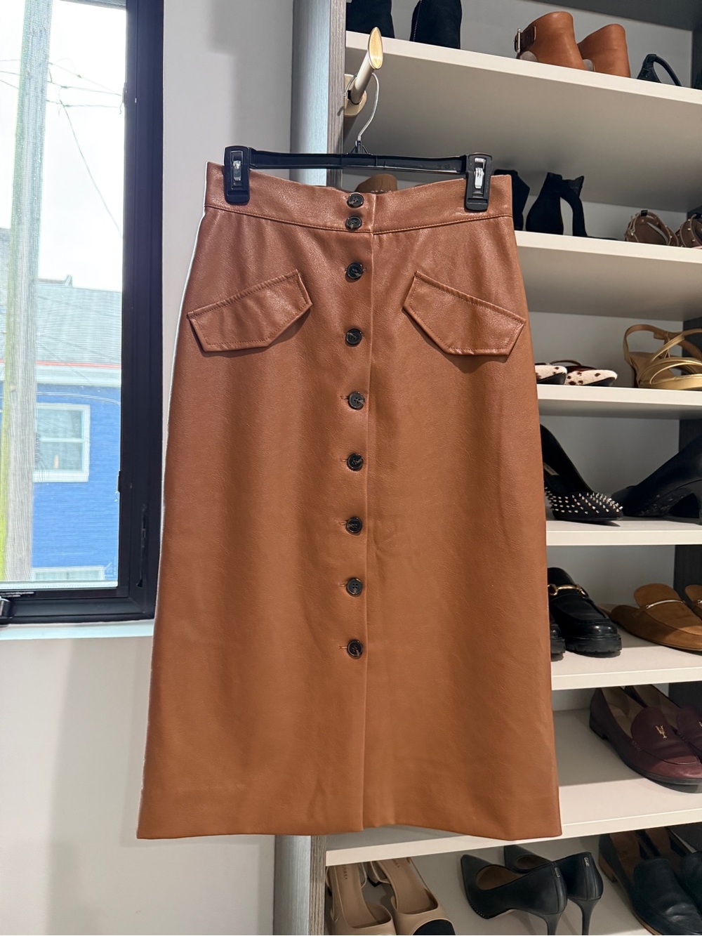 H&M Button-Front Faux Leather Midi Skirt - Cognac Brown